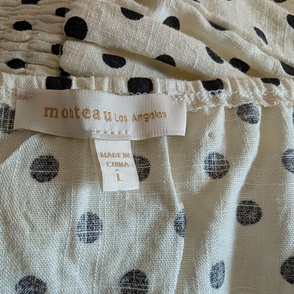 Monteau Los Angeles Polka Dot Linen Blend Top Size Large Smocked waistband - Picture 10 of 11